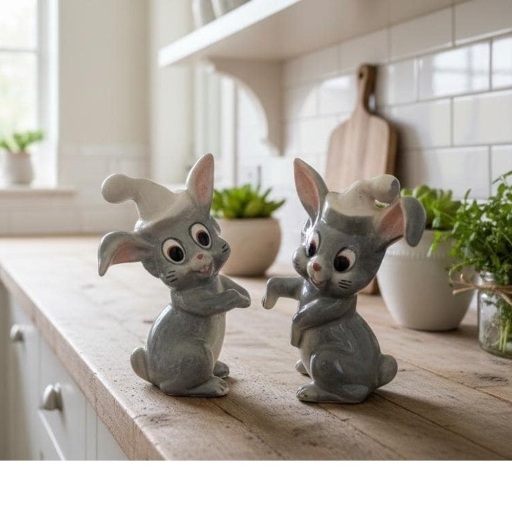 Vintage Ceramic Bunny Rabbit Salt and Pepper Shakers Grey Easter Kitsch Set